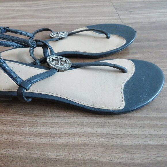 TORY BURCH Liana Flat Jewel Embellished Leather Thong Sandals in Blue Sz US 7.5 - Picture 9 of 15